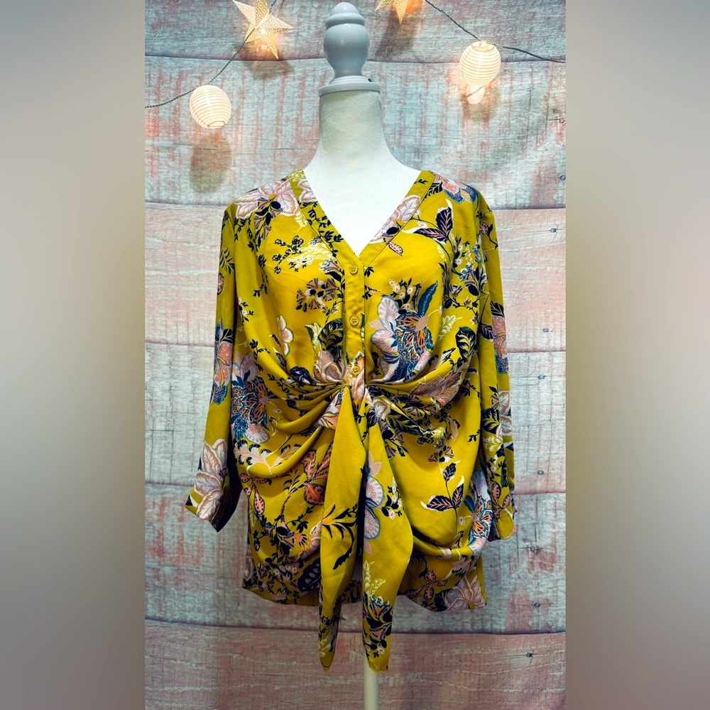 7th Avenue New York And Company Yellow Blouse Women Medium Floral Top 3/4 Sleeve